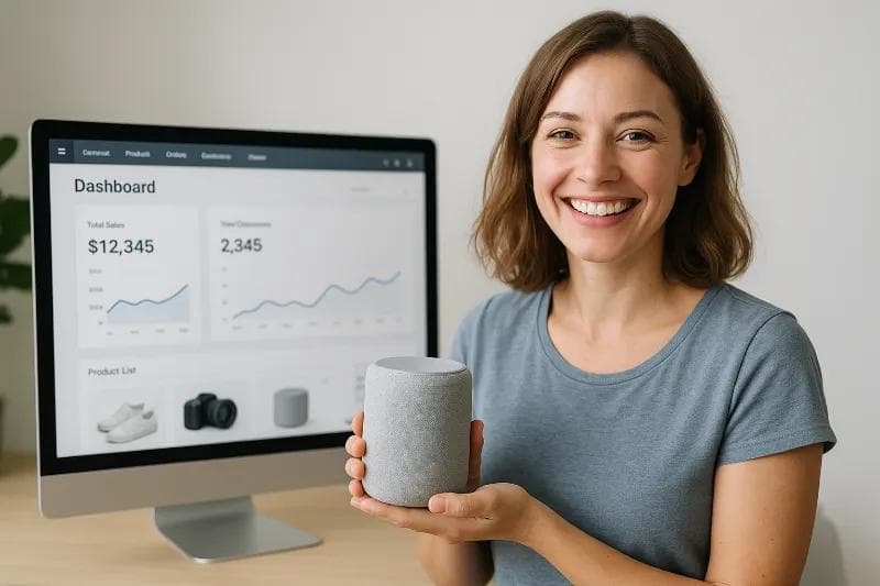 Woman smiling and holding a product with a sales dashboard in the background